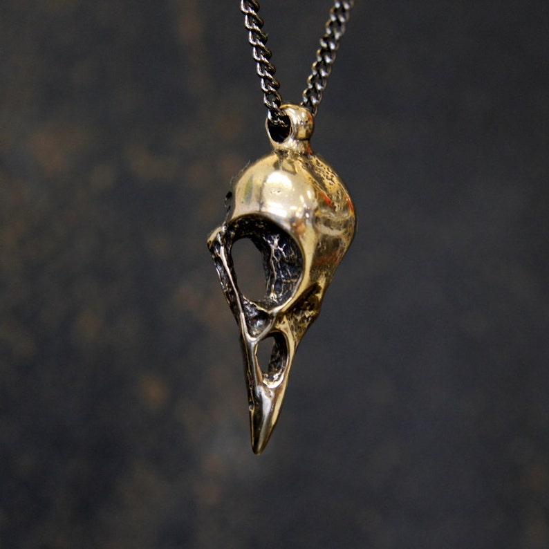 Crow Skull Charm Pendant Necklace Solid Cast Jewelers Bronze image 0