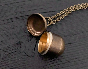 Small Antique Brass Acorn Capsule Cremation Ash Urn Necklace