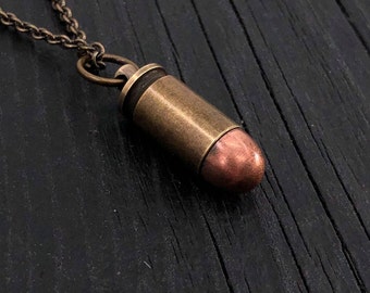 9MM Bullet Cremation Urn Pendant Necklace in Solid Brass and Copper - Locket Capsule with Antique Finish Vial Canister