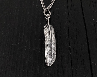 3D feather Pendant Necklace- Solid Cast 925 Sterling Silver - Oxidized Hand Polished Finish - Bird Jewelry