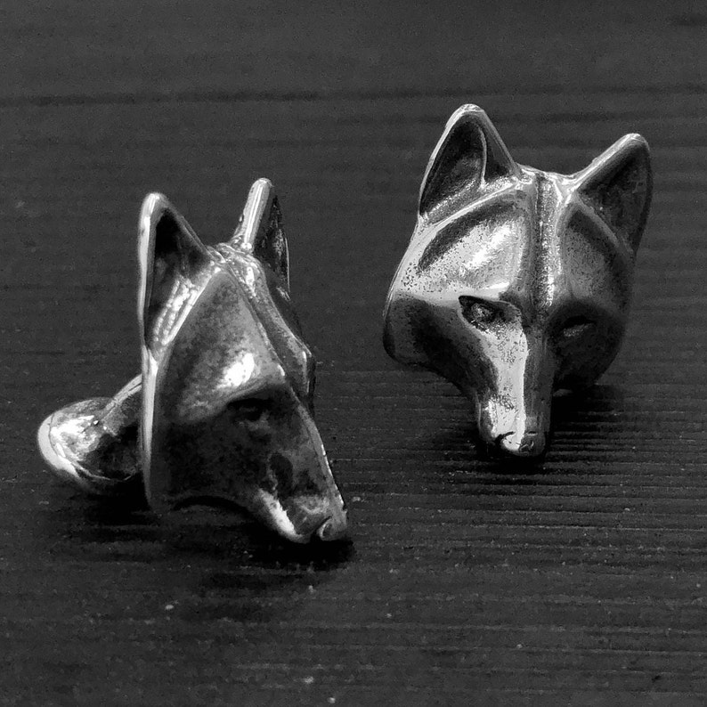 Silver Wolf Face Cuff Links Solid Hand Cast Silver Plated White Bronze Men's French Cuff Suit Accessory Jewelry image 4