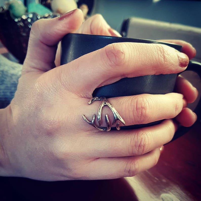 Deer Antler Wrap Ring Solid Cast 925 Sterling Silver Hand Polished Oxidized Finish Sizes 4 to 11 Available Animal Statement Jewelry image 3