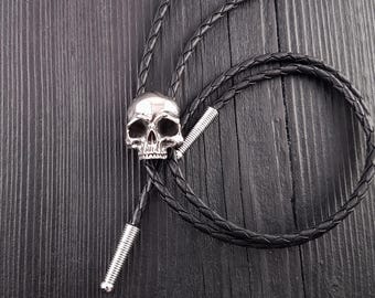 Gothic Skull Bolo Tie, Stainless Steel, Vegan Leather Cord, Western Goth Accessory