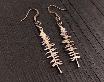 Sitka Spruce Tree Silhouette Earrings  Solid Cast Bronze Polished Finish