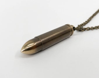 Bullet Canister Necklace in Brass Capsule with Antique Finish Cremation Urn Memorial Jewelry Secret Locket Pendant Secret Message Necklace