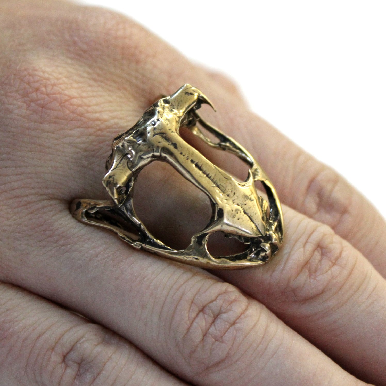 Unique Bullfrog Skull Ring in Solid Bronze - Detailed Frog