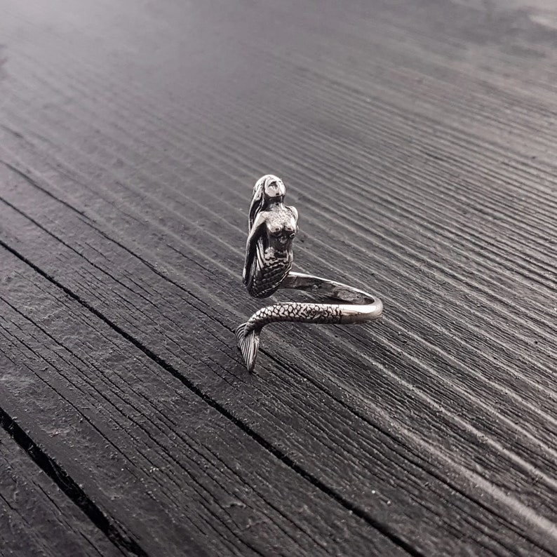 Mermaid Wrap Ring Solid Hand Cast Sterling Silver Polished Oxidized Finish Multiple Sizes Ocean Sailor Inspired Jewelry image 3