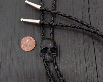 Black Skull Bolo Tie - Solid Onyx Resin and Braided Chord - Western Unisex Suit Accessory - Cowboy Goth