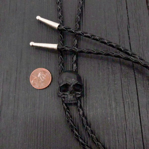 Black Skull Bolo Tie - Solid Onyx Resin and Braided Chord - Western Unisex Suit Accessory - Cowboy Goth