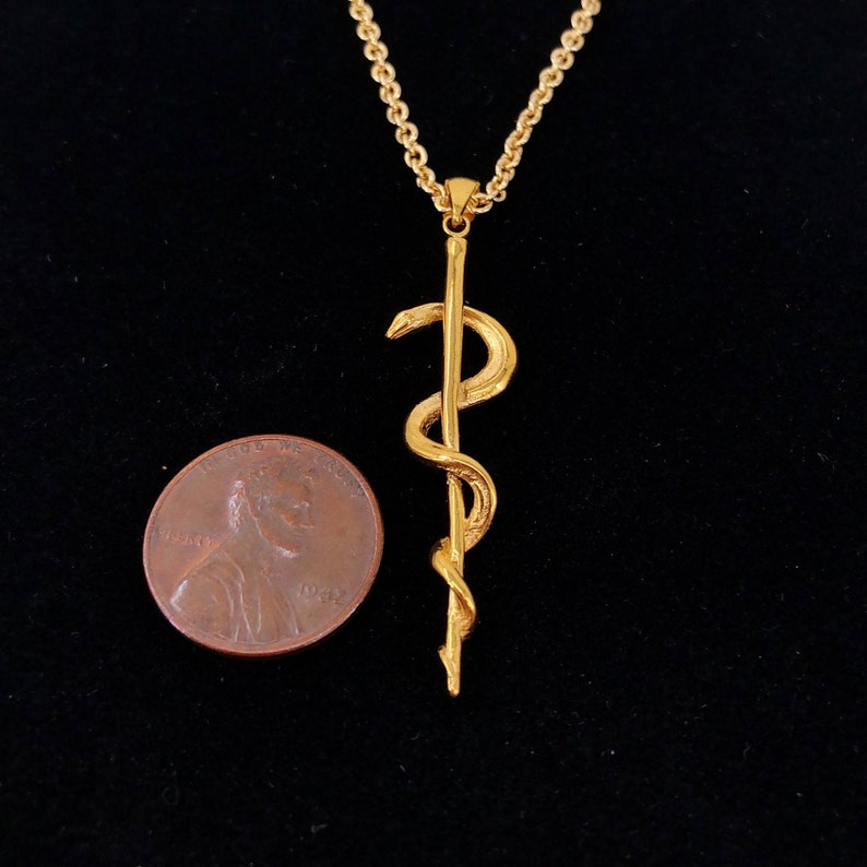 Gold Plated Rod Of Asclepius Pendant Necklace Staff of Aesculapius Medical First Responder Handmade Gift image 5