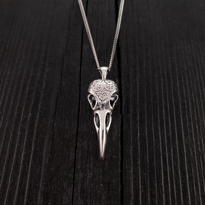 Engraved Raven Skull Pendant Necklace Solid Hand Cast .925 Sterling Silver Oxidised Polished Bird Skull Multiple Chain Options image 4