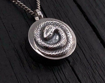 Coiled Snake Cremation Ash Urn Pendant Necklace - Sterling Silver and Stainless Steel - Personalised Custom Engraved Memorial Keepsake Gift