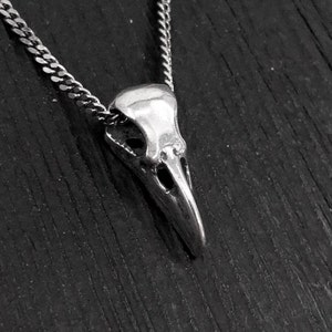 Tiny Raven Skull Charm Pendant Necklace - Solid Hand Cast 925 Sterling Silver - Polished Finish - Unisex Crow Bird Jewelry Gift