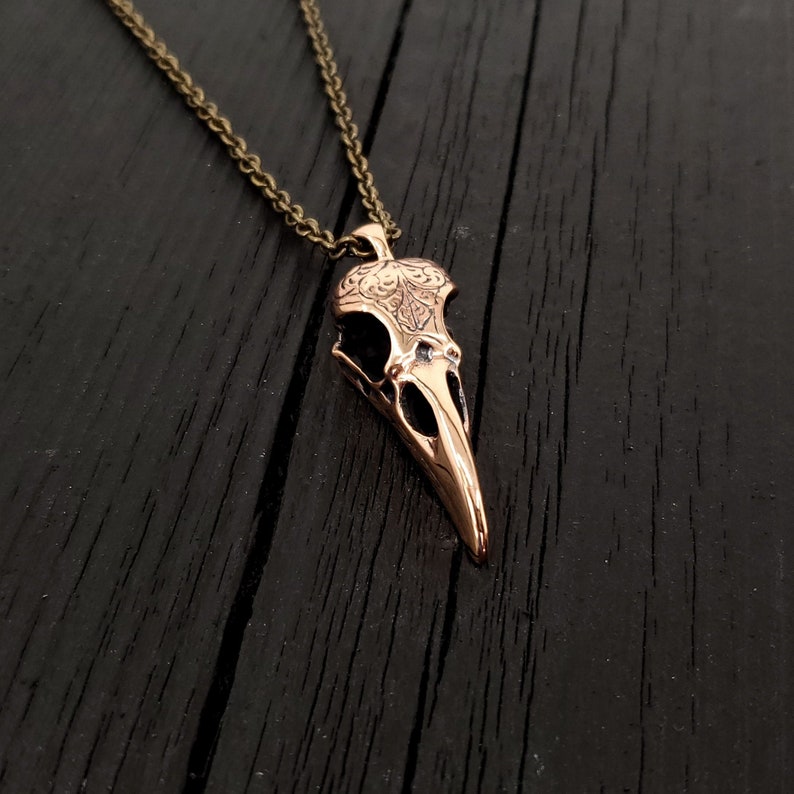 Engraved Raven Skull Pendant Necklace Solid Jewelers Bronze Polished Finish Three Dimensional Detail Multiple Chain Lengths image 2