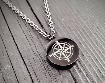 Compass Rose Circle Cremation Ash Urn Necklace - Black Anodized Stainless Steel - Custom Personalized Engraved Keepsake