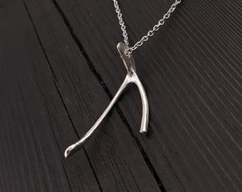 Broken Wishbone Pendant Necklace - Solid Hand Cast 925 Sterling Silver - Polished Finish