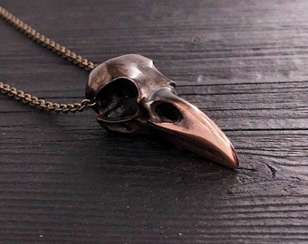 Dark Raven Skull Necklace in Solid Two Tone Bronze  Gothic Crow Bird