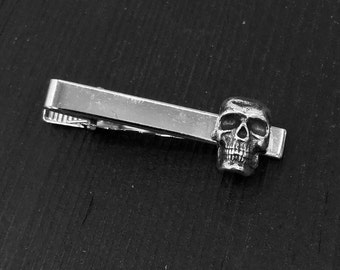 Human Skull Tie Clip - Solid Sterling Silver Skull - Edgy Dad Gift - Unique Suit and Tie Accessory for Men