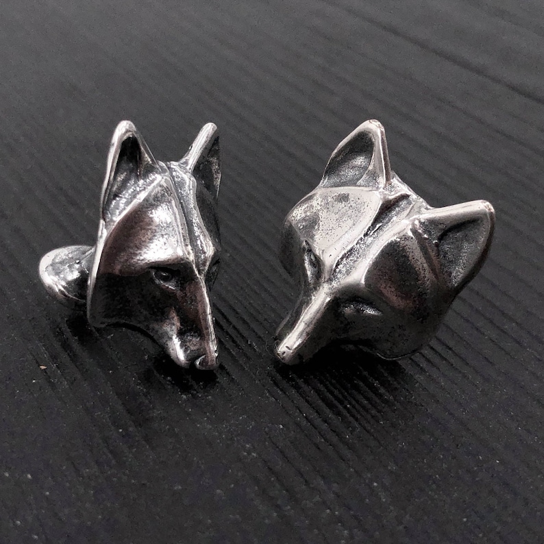 Silver Wolf Face Cuff Links Solid Hand Cast Silver Plated White Bronze Men's French Cuff Suit Accessory Jewelry image 1