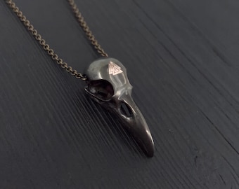 Viking Raven Skull Necklace: Engraved Valknut, Dark Oxidized Bronze | Handcrafted | Unisex Jewelry Gift