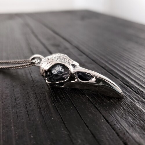 Engraved Raven Skull Pendant Necklace - Solid Hand Cast Stainless Steel - Polished Finish - Multiple Chain Options deals - Unisex Bird Skull Gift