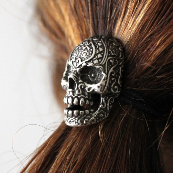Sugar Skull Hair Tie Pony Tail Holder Solid Silver Plated Etsy