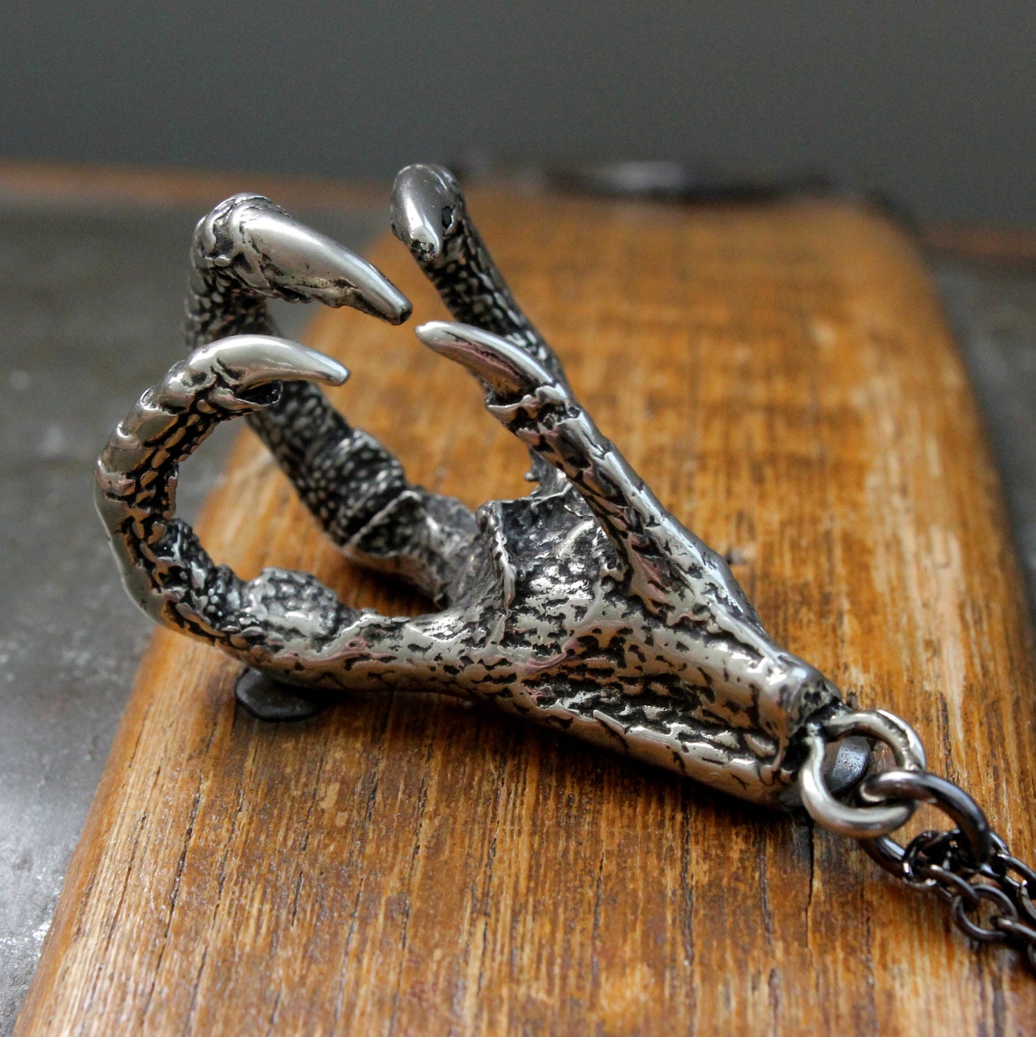 Bird Foot Pendant Statement Necklace Silver Chicken Claw Voodoo Talisman Solid Hand Cast Silver Plated White Bronze