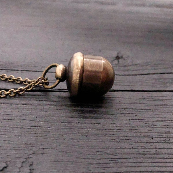 Small Antique Brass Acorn Capsule Cremation Ash Urn Necklace