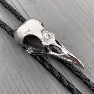 Silver Crow Bird Skull Bolo Tie Solid Cast Stainless Steel on Hand Braided Tie Unisex Suit Accessory Unique Gift for Him or Her image 6