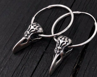 Ornate Victorian Raven Skull Hoop Earrings in Solid Sterling Silver Bird Skull Earrings