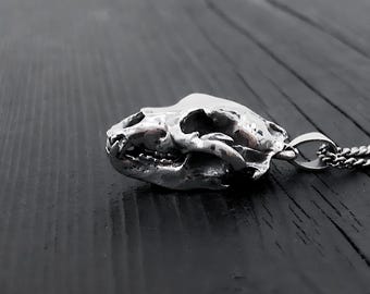 Grizzly Bear Skull Necklace in Solid Sterling Silver