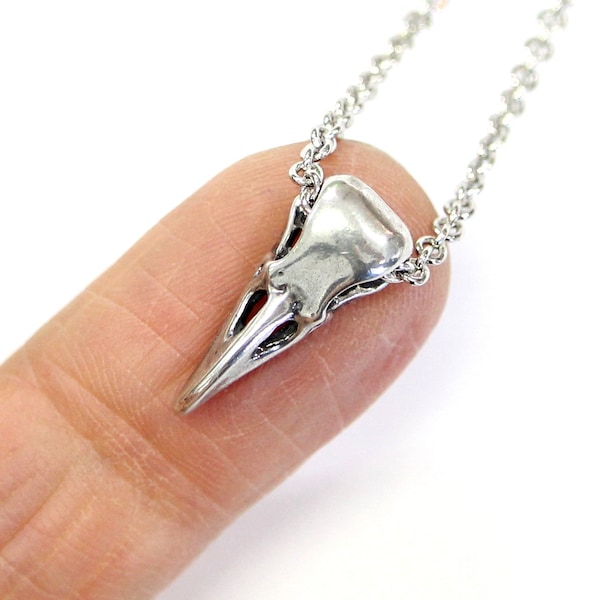 Tiny Raven Skull Charm Pendant Necklace - Solid Hand Cast 925 Sterling Silver - Polished Finish - Unisex Crow Bird Jewelry Gift