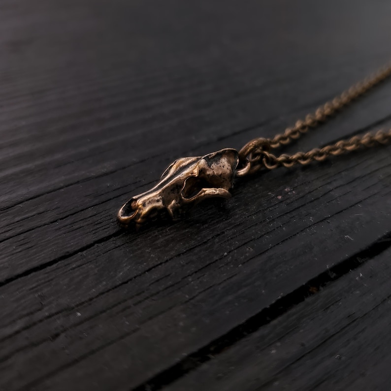 Tiny Grey Wolf Skull Charm Pendant Necklace - Solid Hand Cast Jewelers Bronze image 5