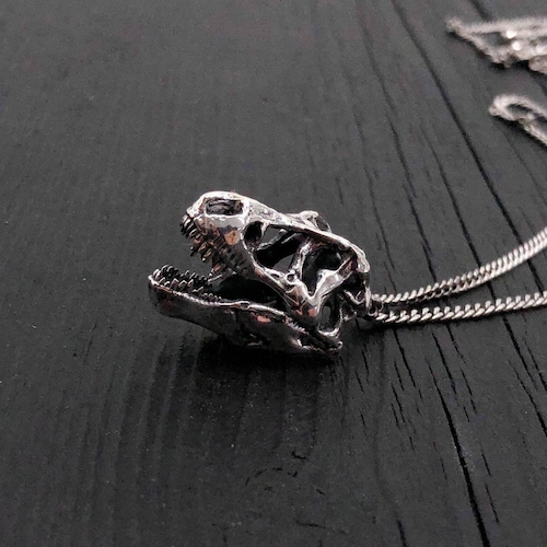 T-rex Skull Pendant Necklace in Solid Hand Cast Sterling Silver