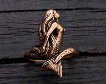 Mermaid Wrap Ring - Solid Hand Cast Red Bronze - Sizes 4.5 to 10 -  Ocean Jewelry Gift