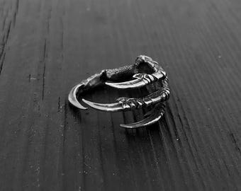Sterling Silver Raven Talon Ring, Gothic Statement Band, Witchy Jewelry