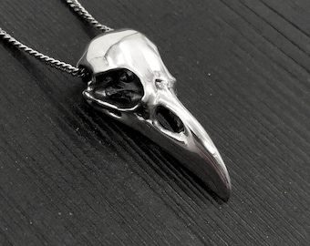 Raven Skull Charm Pendant Necklace - Solid 925 Sterling Silver - Polished Finish - Unisex Crow Bird Jewelry Gift