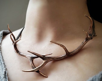 Elk Antler Choker Necklace In Solid Cast Bronze - Handmade Statement Piece