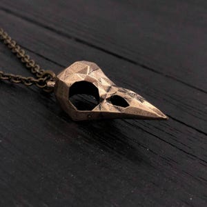 Faceted Raven Skull Necklace , Solid Hand Cast Bronze