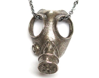 Gas Mask Necklace in Solid Oxidized Sterling Silver Steampunk Gas Mask Pendant