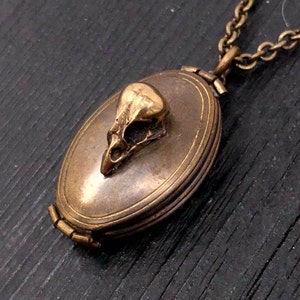 Antique Brass Victorian Bird Skull Folding Locket Pendant Necklace - Memory Keepsake Photo Locket - Rare Unique Gift