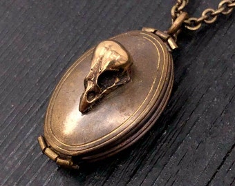 Antique Brass Victorian Bird Skull Folding Locket Pendant Necklace - Memory Keepsake Photo Locket - Rare Unique Gift