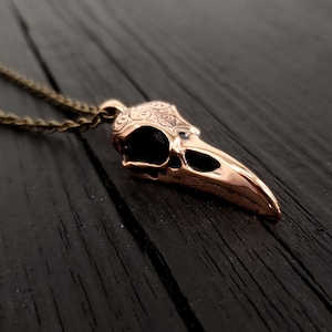 Engraved Raven Skull Pendant Necklace Solid Jewelers Bronze Polished Finish Three Dimensional Detail Multiple Chain Lengths image 6