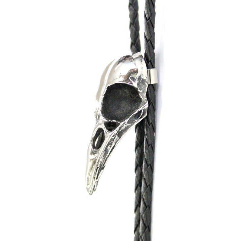 Silver Crow Bird Skull Bolo Tie Solid Cast Stainless Steel on Hand Braided Tie Unisex Suit Accessory Unique Gift for Him or Her image 7