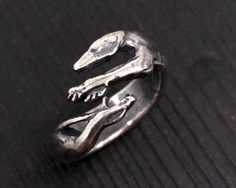 Sterling Silver Greyhound Ring: Antique Finish Dog Wrap Ring