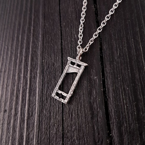 Small Sterling Silver Guillotine Charm Pendant Necklace - Solid Hand Cast 925 - Polished Oxidised Finish - Three Dimensional Detail