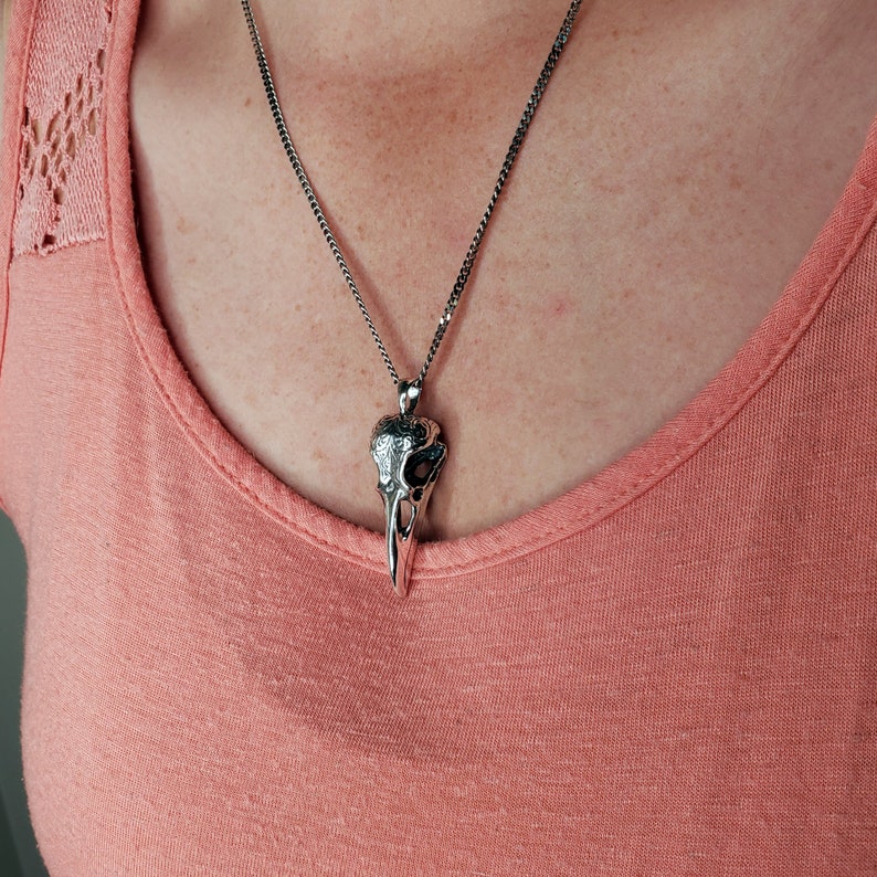 Engraved Raven Skull Pendant Necklace Solid Hand Cast .925 Sterling Silver Oxidised Polished Bird Skull Multiple Chain Options image 2