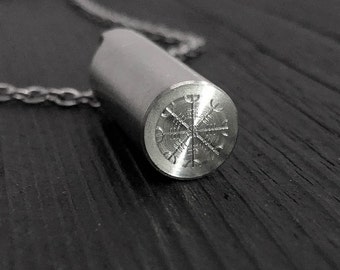 Viking Aegishjalmur Cremation Ash Urn Necklace - Solid Stainless Steel - Custom Engraved Personalized Aegishjalmr Urn