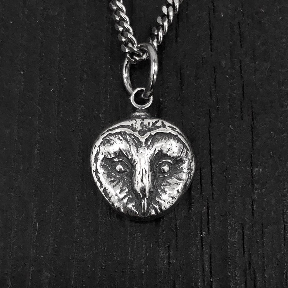 Owl Face Charm Pendant Necklace in Sterling Silver