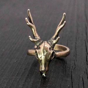 Stag Deer Skull Antler Ring in Solid Bronze - Sizes 5 to 11.5 - Unisex Woodland Nature Lover Gift